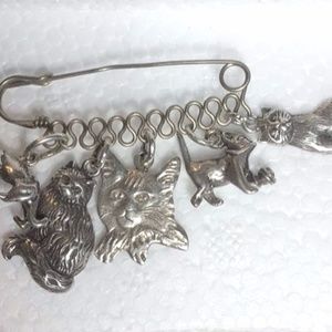 Vintage Safety Pin Cat Brooch 925 Sterling Silver 5 Cat Charms Pendants